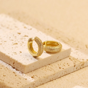 Close-up of gold-plated hoop earrings with micro-pave cubic zirconia on stone