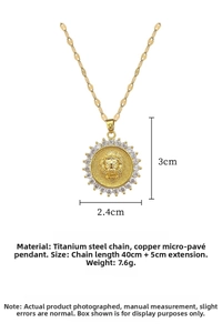 Detail view of lion head pendant with cubic zirconia and dimensions 3x2.4cm