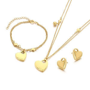 18K gold plated stainless steel jewelry set featuring heart necklace, bracelet and earrings