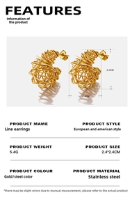 Detail view of gold wire earrings showing 2.4x2.4cm dimensions and stainless steel material