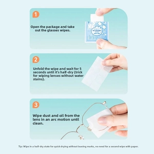 Three-step guide for using anti-fog lens wipes on glasses with fast-drying technology