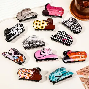 Acrylic Cowboy Hat Boots Hair Claw Clip Western Retro Leopard Cow Print Fashion Accessories For Women
