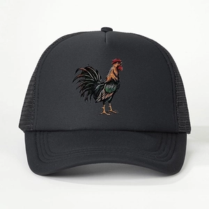 Adjustable black trucker hat with colorful rooster print and breathable mesh back