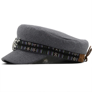 Minimalist wool flat top military cap with grey finish and ethnic patterned ribbon