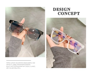 Detail view of square matte sunglasses with grey gradient lenses and clear frames
