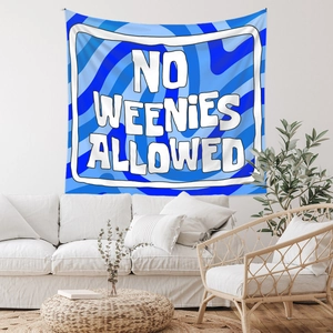 Detailed shot of No Weenies Allowed wall tapestry hanging above a white sofa