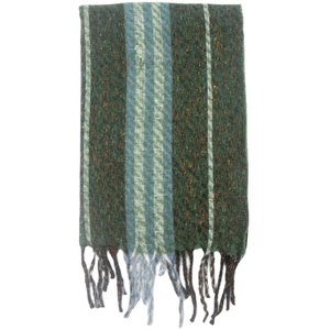 Detailed texture of dark green and blue striped knit scarf with frayed fringe tassels