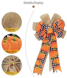 Detail view of burlap Thanksgiving bow showing pumpkin print, linen texture and rope ties