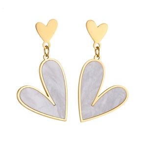 Gold-plated stainless steel heart drop earrings with white shell marble texture