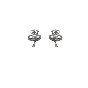 French style silver Saturn pearl clip earrings with zircon and crystal drop pendant