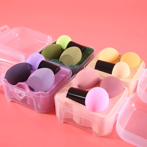 Makeup sponge set with mushroom head puff and water-drop sponges in clear storage box