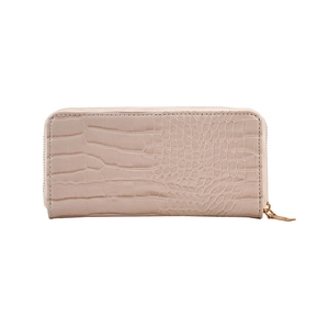 Pink faux leather long wallet for women featuring elegant crocodile pattern and gold zipper