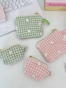 Floral embroidered plaid cosmetic bag with pearl zipper and pastel green pink fabric