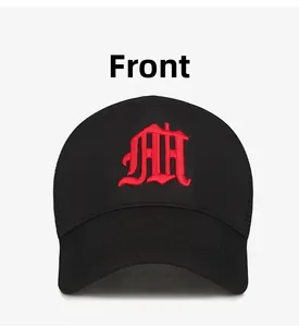 Detailed front view of black mesh truck cap with 3D red gothic letter embroidery