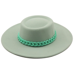 Mint green wool felt jazz fedora hat with wide brim and chunky matching plastic chain