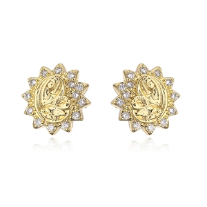 Close-up of 18K gold plated sun stud earrings with zircon stones and Virgin Mary motif