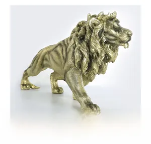 Detailed view of the realistic golden lion sculpture with intricate fur and muscle texture