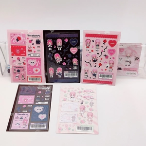 Cute Korean style cartoon girl stickers in pink and black for journaling decoration