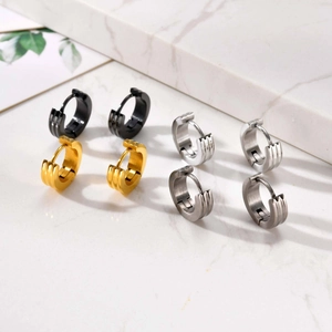 Three-groove stainless steel hoop earrings for men in black, gold, and silver finishes