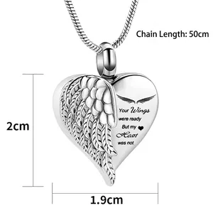Silver heart cremation necklace with angel wings and memorial quote pendant for pet ashes