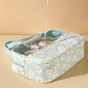 Waterproof light blue daisy wash bag with large capacity for travel and swimming