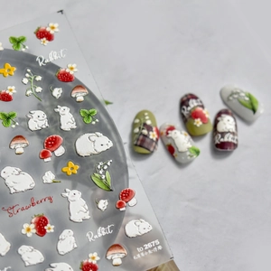 Autocollants De Nail Art En Relief Cartoon Lapin Fraise Fleur Smiley Visage DIY Manucure Décor Décalcomanies Pour Femmes