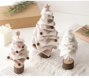 Handmade wool felt Christmas tree decorations with wooden base and tiny bells