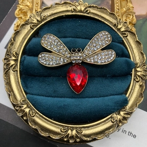 Detailed macro of a dragonfly brooch with pavé crystals and a red teardrop stone