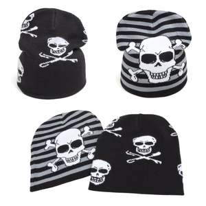 Bonnet en Tricot à Rayures Tête de Mort pour Hommes Femmes Chaud Hiver Acrylique Hip Hop Streetwear Imprimé Crâne