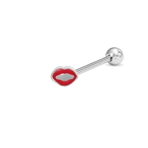 Macro detail of silver tongue ring with red lip charm design on white background
