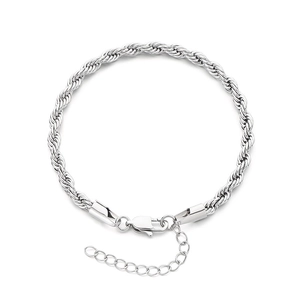 Silver twisted rope chain anklet in titanium steel with lobster clasp and extension