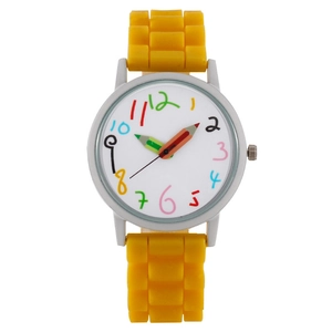 Close-up of kids watch featuring colorful pencil hands and a vibrant yellow silicone strap