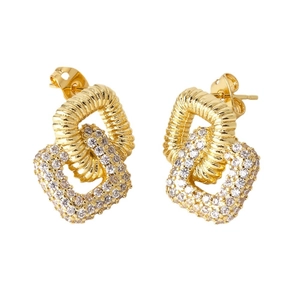 Double-layered gold-plated interlocking earrings with cubic zirconia stones