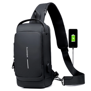 Black anti-theft sling bag with USB charging port and fashion lettering for men