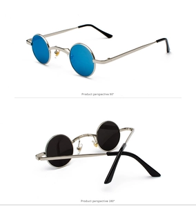 Detail view of steampunk round metal sunglasses in blue and black lens options
