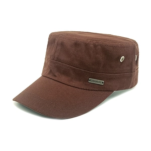 Detail view of cotton military flat top hat with breathable metal eyelets and side logo