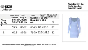 Detailed size chart for the V-neck long sleeve dress including bust and waist measurements