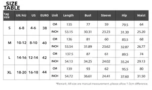 Tabella taglie per abito da sera a maniche lunghe con misure UK, US ed Euro in CM