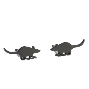 Symmetric pair of black stainless steel mouse silhouette stud earrings on white background