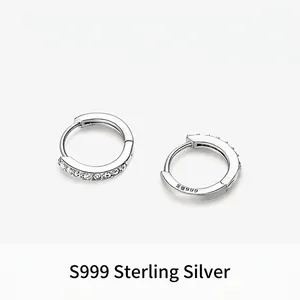 S999 sterling silver small hoop earrings with white zircons and minimalist design