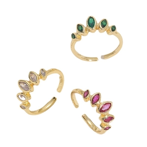 Minimalist geometric zircon open ring with colorful marquise-cut stones in 14K gold finish