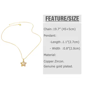 Detailed size chart showing 1.1 inch star pendant and 19.7 inch gold chain measurements