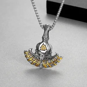 Viking Axe Pendant Necklace Stainless Steel Valknut Rune Retro Punk Thor Axe Jewelry For Men