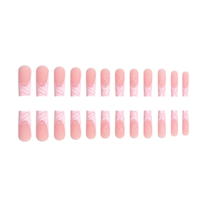 Pink French long coffin press-on nails with artistic swirl lines set of 24 pieces