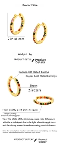 Détails de créoles dorées de 20x18mm avec pavé de zircons arc-en-ciel brillants