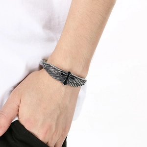 Retro stainless steel Iron Cross cuff bracelet with wings design for men in punk style