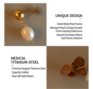 Detail of surgery titanium steel stud earring with 18K gold plating and freshwater pearl