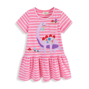 Robe rayée rose pour fille avec broderie dinosaure violette et ourlet à volants chic