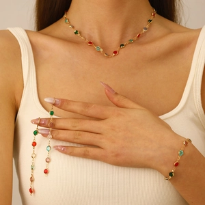 Three-piece gold alloy jewelry set with colorful round zircon for necklace bracelet and earrings
