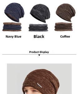 Close-up of knit beanie and scarf set with thick fleece lining in three colors